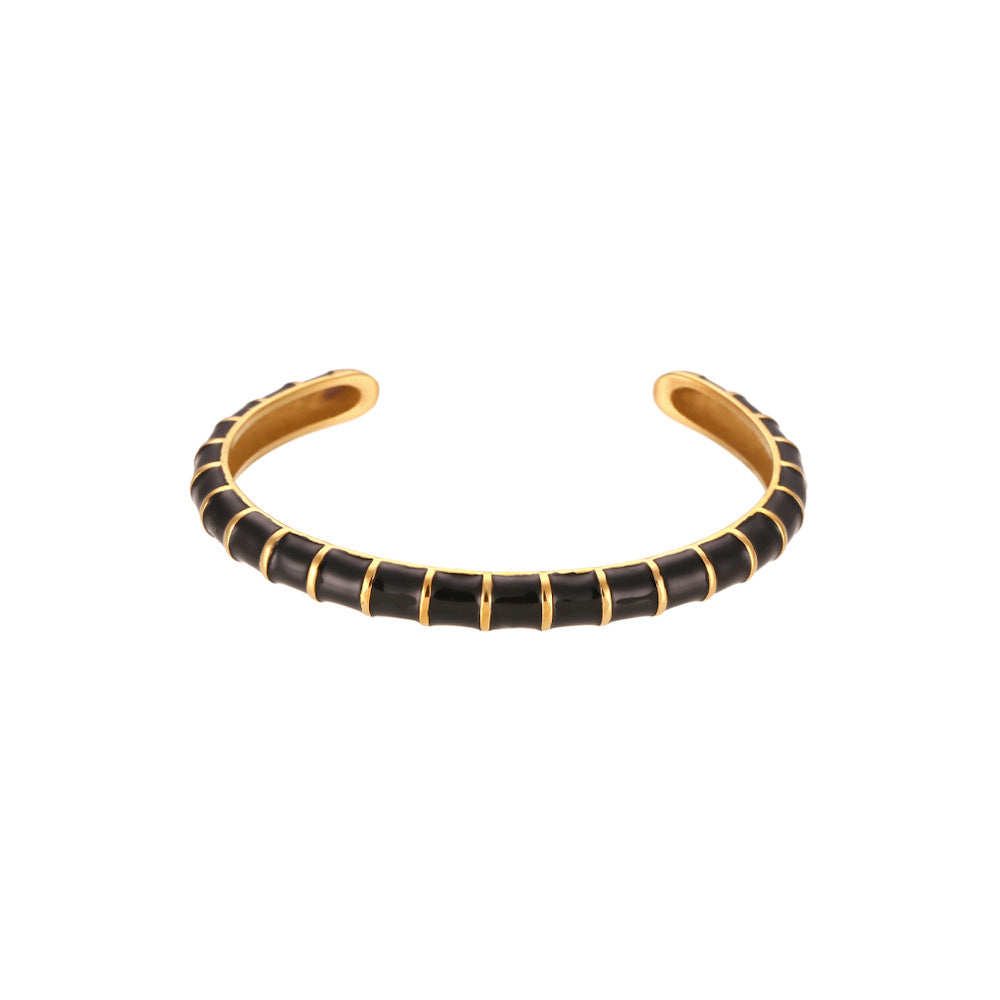 Minimalist Geometric Caterpillar-Shaped Stainless Steel Plated 18K Gold Enamel Open Bangle Bracelet for Women