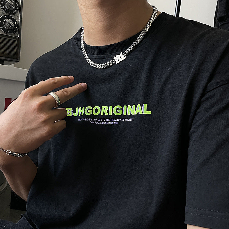 Collar de cadena cubana de acero de titanio pulido, punk gótico, minimalista y geométrico, unisex con acento de letra