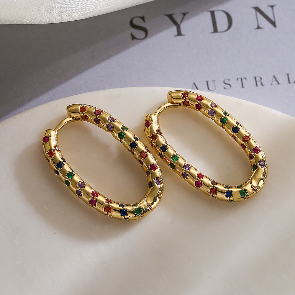 Orecchini vintage geometrici da donna in ottone con placcatura in oro vero e intarsi in zircone