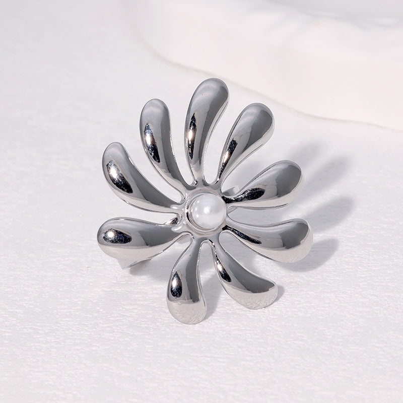 Minimalist Floral Open-End Adjustable Ring for Women Made of Stainless Steel with 18K Gold Plating
