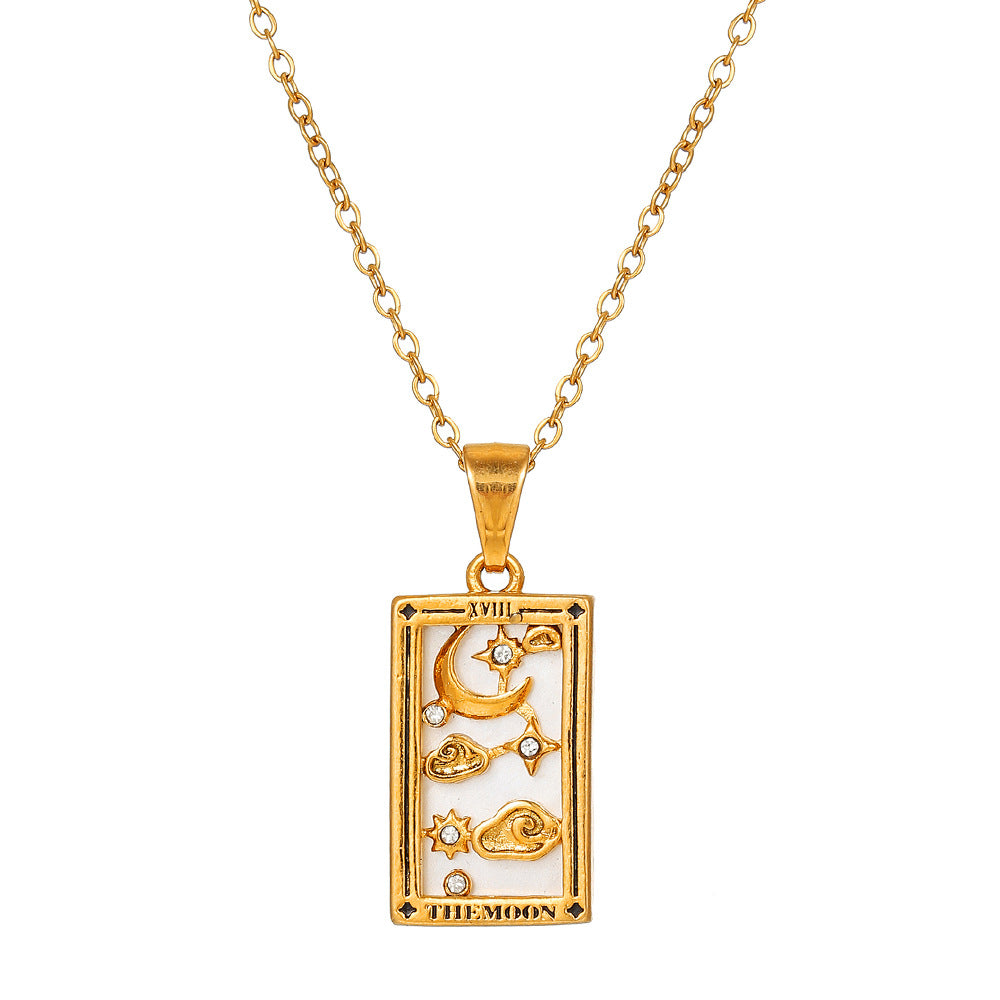 Vintage Casual Rectangle Drip Oil Cubic Zirconia Stainless Steel Necklace with Geometric Tarot Pendant Cable Chain Unisex