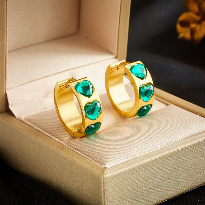 Orecchini a cerchio da donna minimalisti con strass a forma di cuore, incastonati, verde smeraldo, stile vintage, con fascia larga in acciaio al titanio