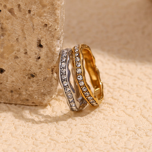 Minimalist Geometric Stainless Steel Ring with 18K Gold Plating and Full Rhinestone Inlay for Women