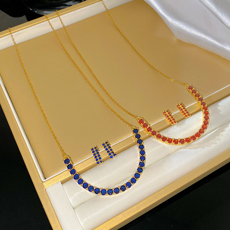 Sweet Gold Plated Titanium Steel Heart Geometric Cubic Zirconia Smile Necklace for Women