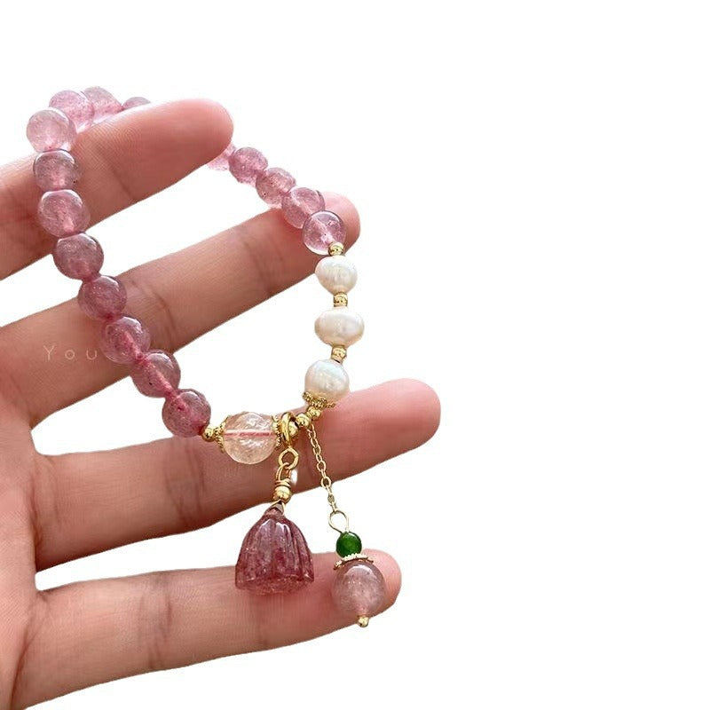 Sweet Baroque Pearl Strawberry Crystal Floral Glass Bracelet