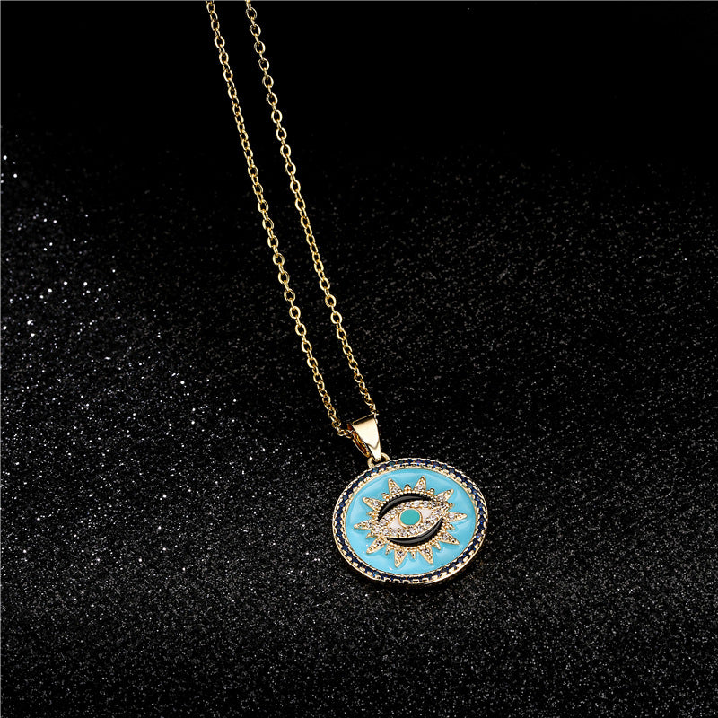 Geometric Brass Drip Oil Inlaid Cubic Zirconia Evil Eye Pendant Necklace with Cable Chain