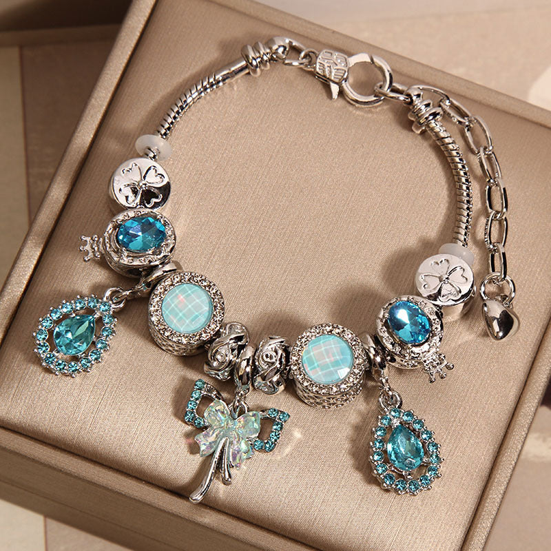 Minimalist Luxury Blue Crystal Teardrop Butterfly Charm Bracelet for Women