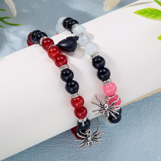 Halloween Spider Heart Geometric Magnetic Elastic Beaded Bracelet for Couples