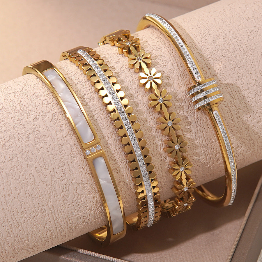 Bracciale Minimalista Geometrico Rotondo alla Moda in Acciaio Inossidabile PVD Placcato Oro 18K con Intarsio di Strass