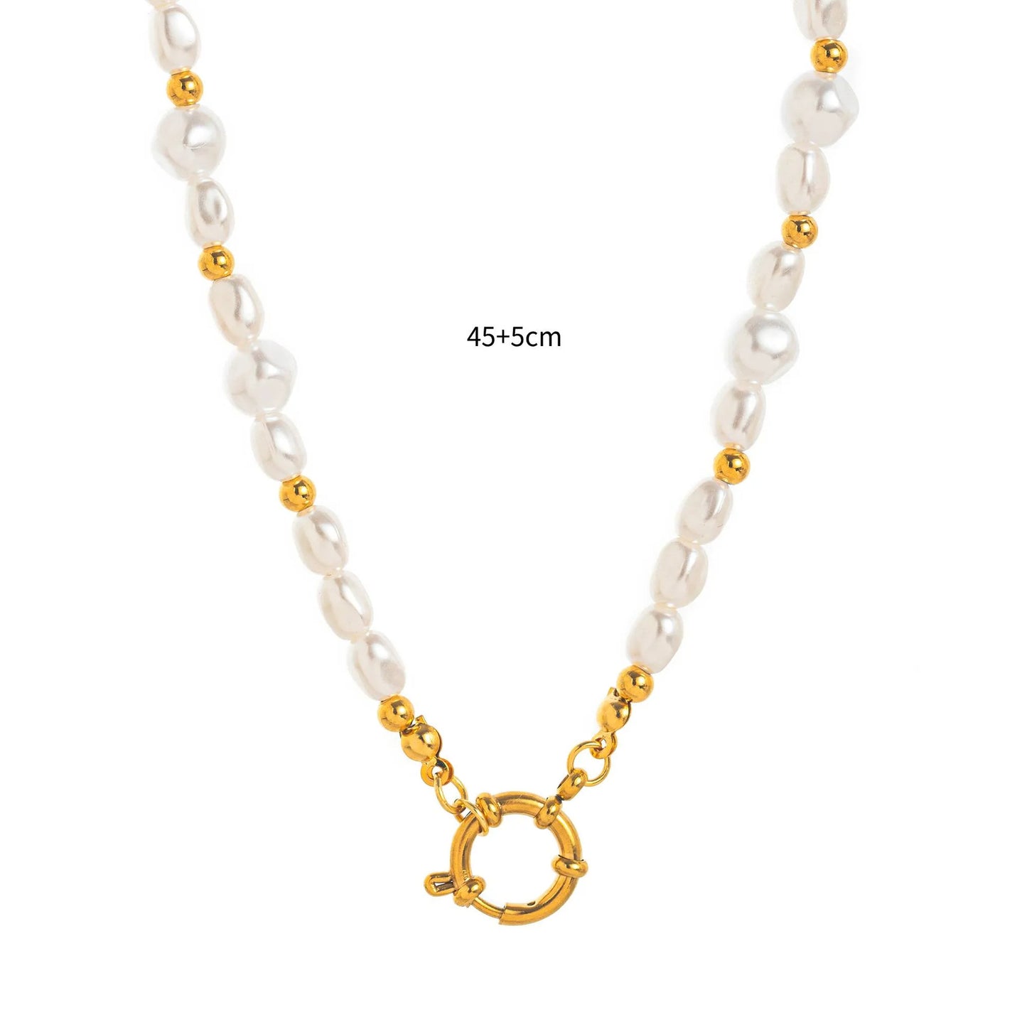 Minimalist 18K Gold Plated Geometric Titanium Steel Necklace with Pearl Paperclip Charm