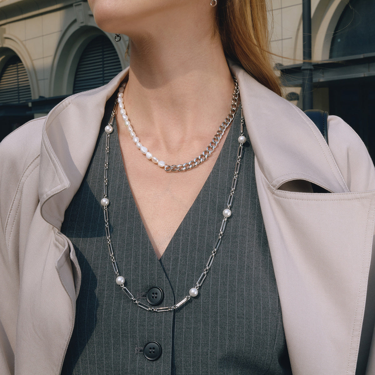 Casual Geometric Titanium Steel PVD Gold Plated Necklace with Pearl for Women