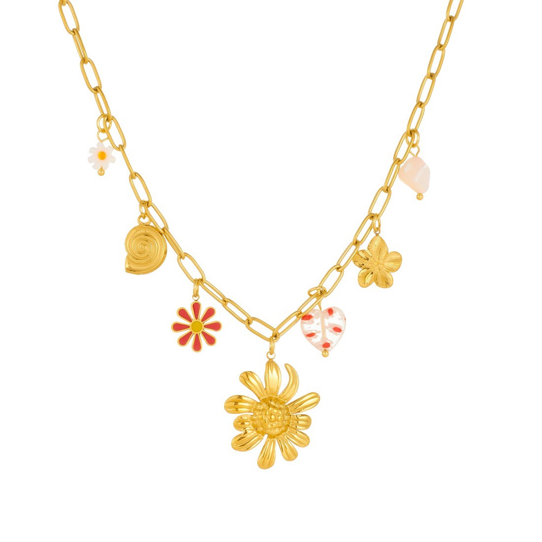 Casual Gold Plated Heart Floral Polka Dot Stainless Steel Necklace with Peony and Daisy Charms