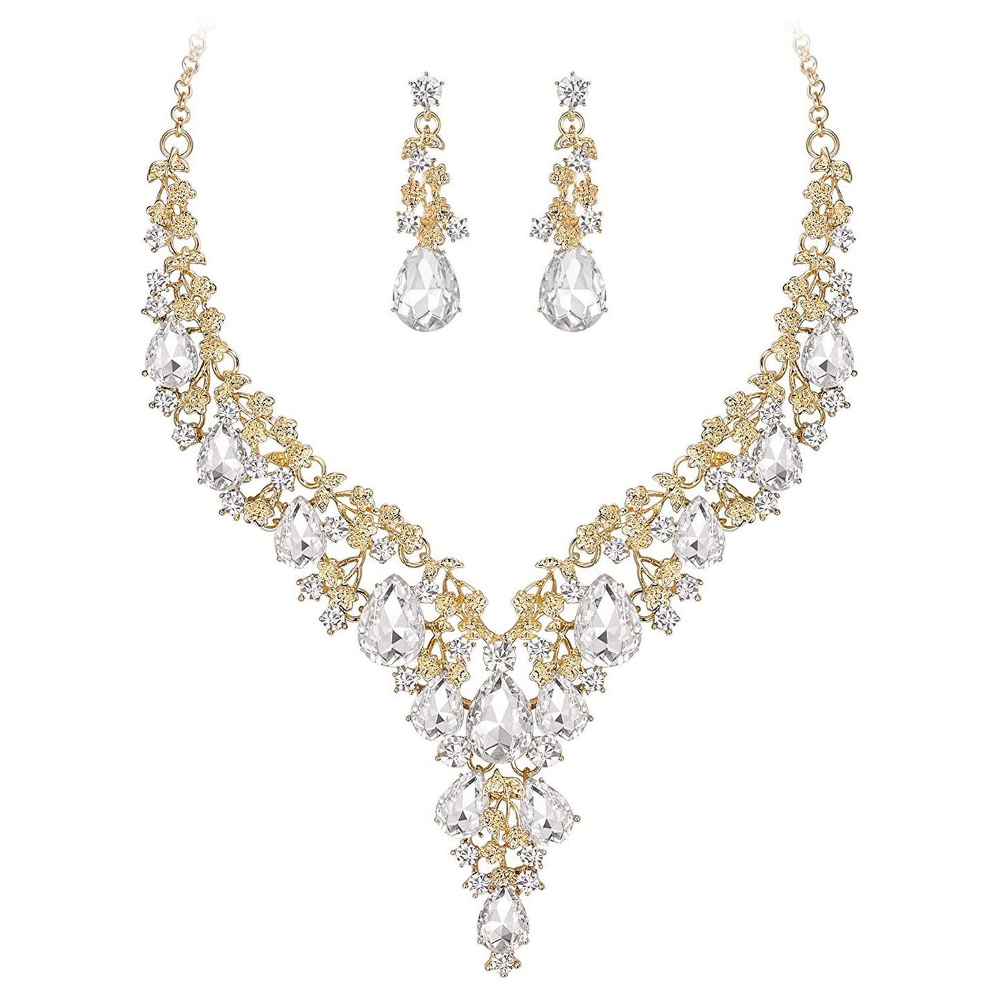 Fashion OL Waterdrop Pendant Necklace and Earrings Set for Women with Rhinestone Inlay on O-Chain for Wedding Evening Gown Formal Occasions