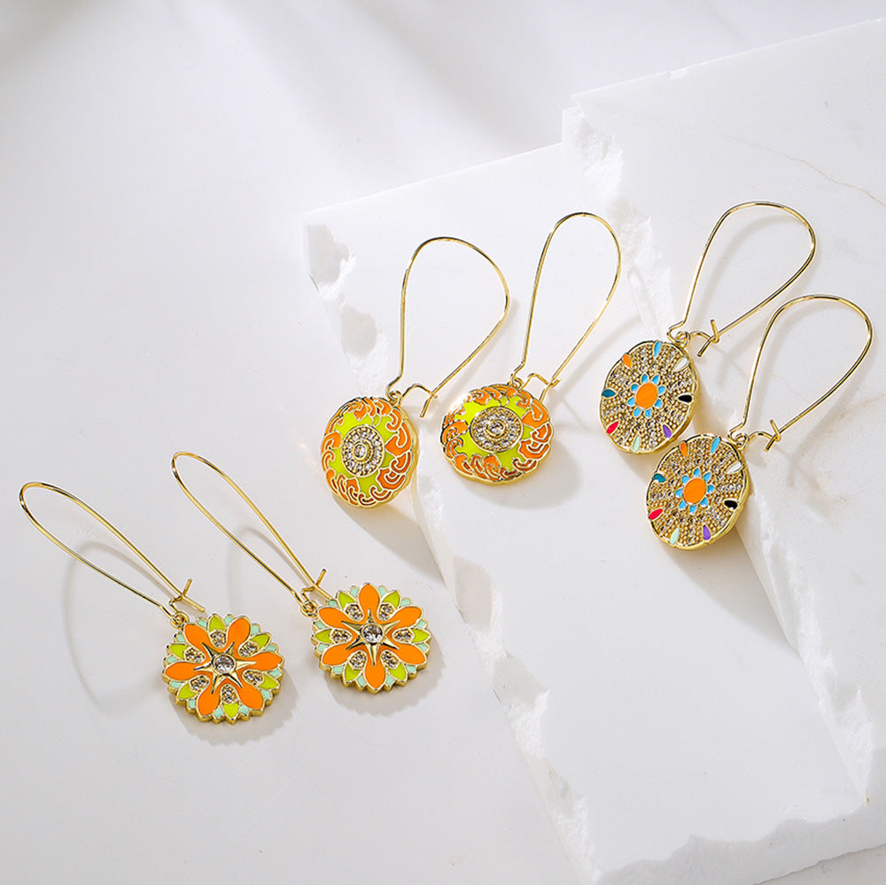 Bohemian Style Geometric Copper Pendant Earrings with 18K Gold Plating and Zircon Inlay for Women