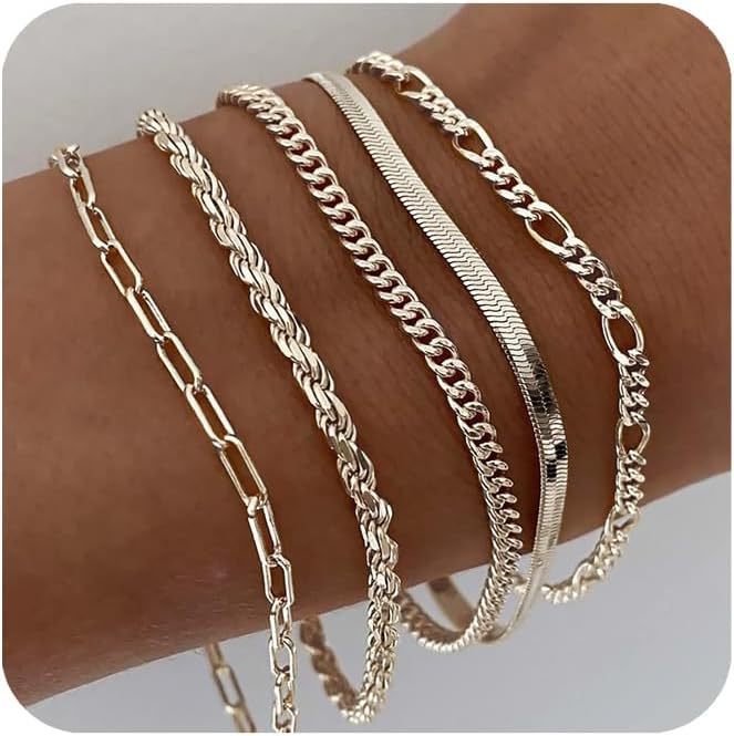Bohemian Minimalist Geometric Plated Alloy Cuban Link Chain Pearl Bracelet Set for Women