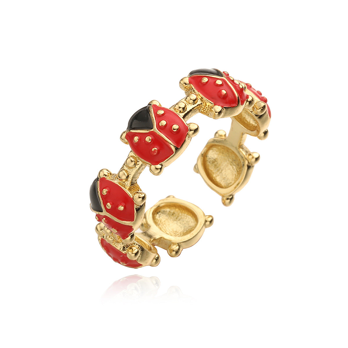 Anello da donna minimalista a forma di coccinella in rame placcato oro 18 carati con finitura smaltata