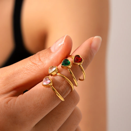 Anello Aperto da Donna Francese Lusso Leggero a Cuore con Strass Intarsiato in Acciaio Inox Placcato Oro 18K
