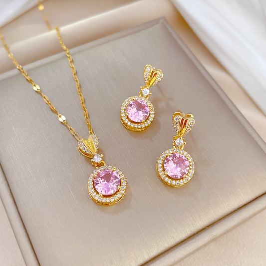 Luxury Titanium Steel Heart-Shaped Necklace and Earrings Set with Micro-Pavé Detail for Women Formal Events