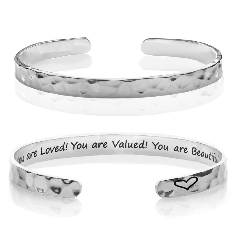 Minimalist Stainless Steel Engraved Open Moon Surface Textured Hammered Bracelet