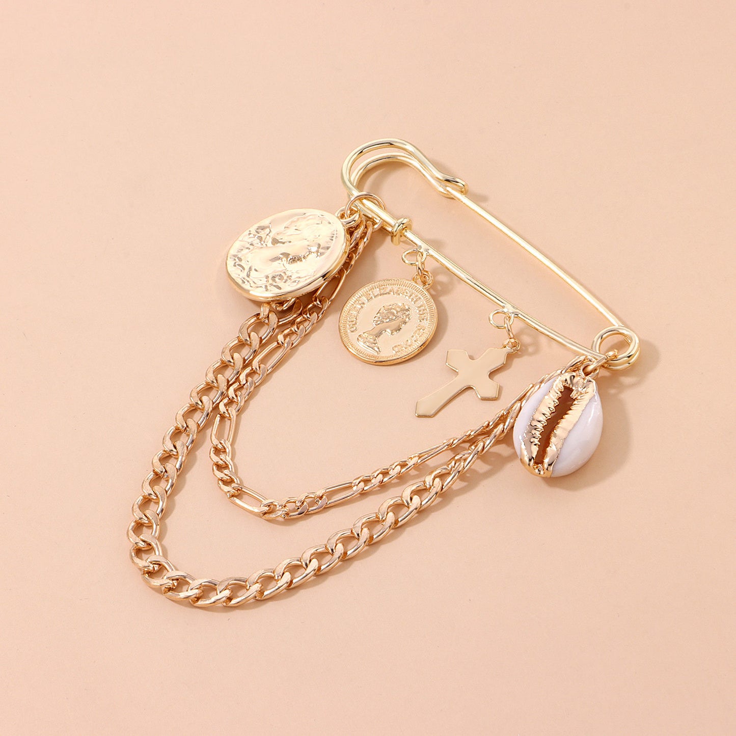 Vintage Alloy Portrait Cartoon Character Brooch with Beach Chain for Women