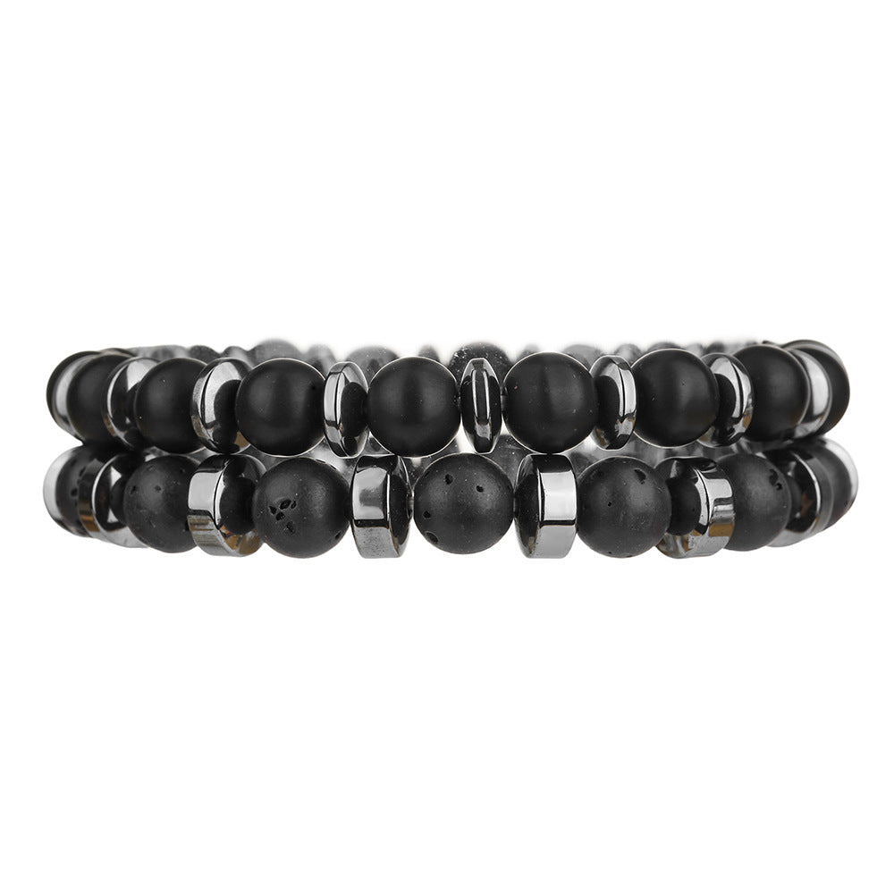 Unique Geometric Round Volcanic Stone and Hematite Beaded Stretch Bracelet Set for Men and Women