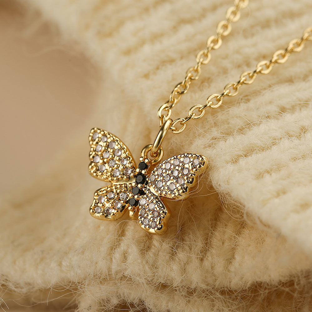 Minimalist Butterfly-Shaped Copper Pendant Necklace with Zircon Accents for Women