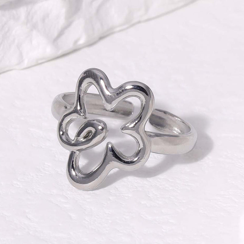 Sweet Minimalist Floral Plated Stainless Steel Open Ring for Women