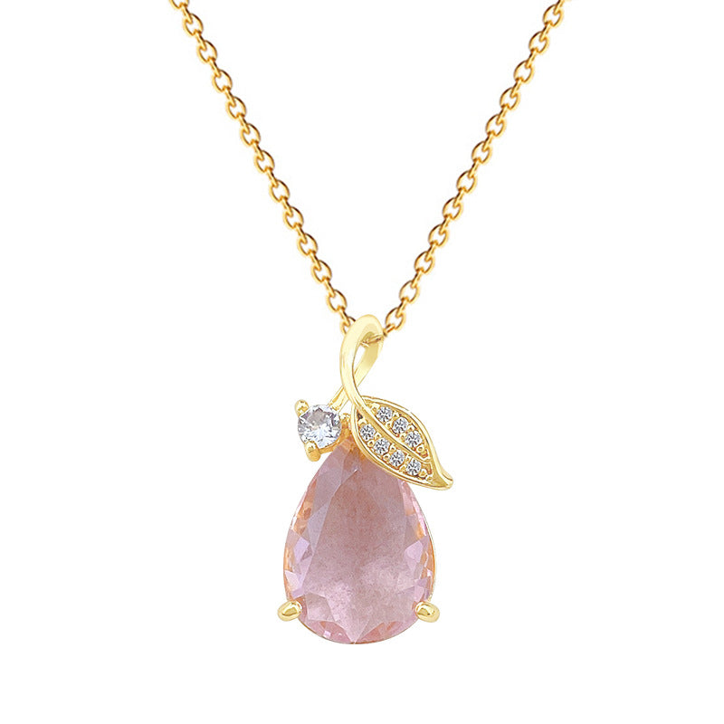 Sweet Elegant Leaf Teardrop Rhinestone Plated Titanium Steel Necklace for Unisex