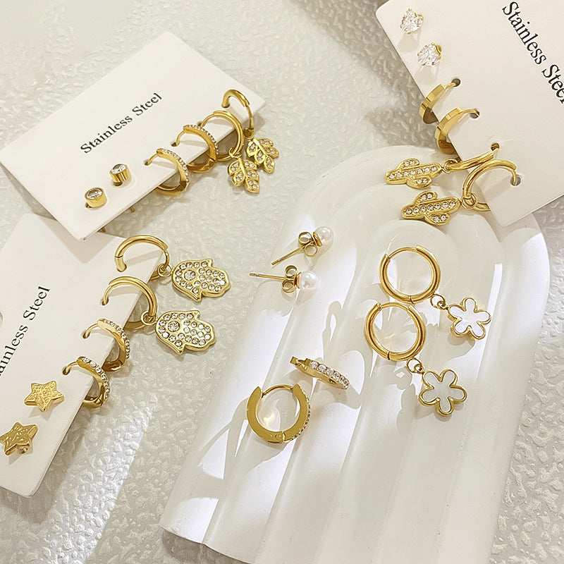 Minimalist Sweet Micro-set Diamond Plant Shape Brass Plated Earrings Set