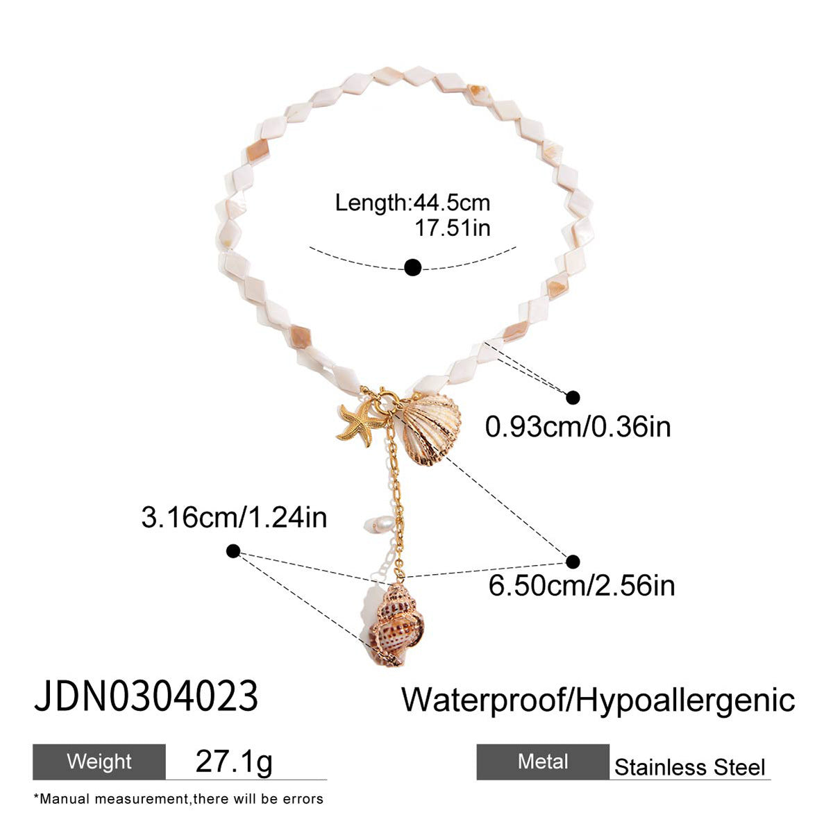 Elegante collar con colgante de titanio en forma de concha para mujer con cadena de acero inoxidable chapado y detalles de perlas de agua dulce