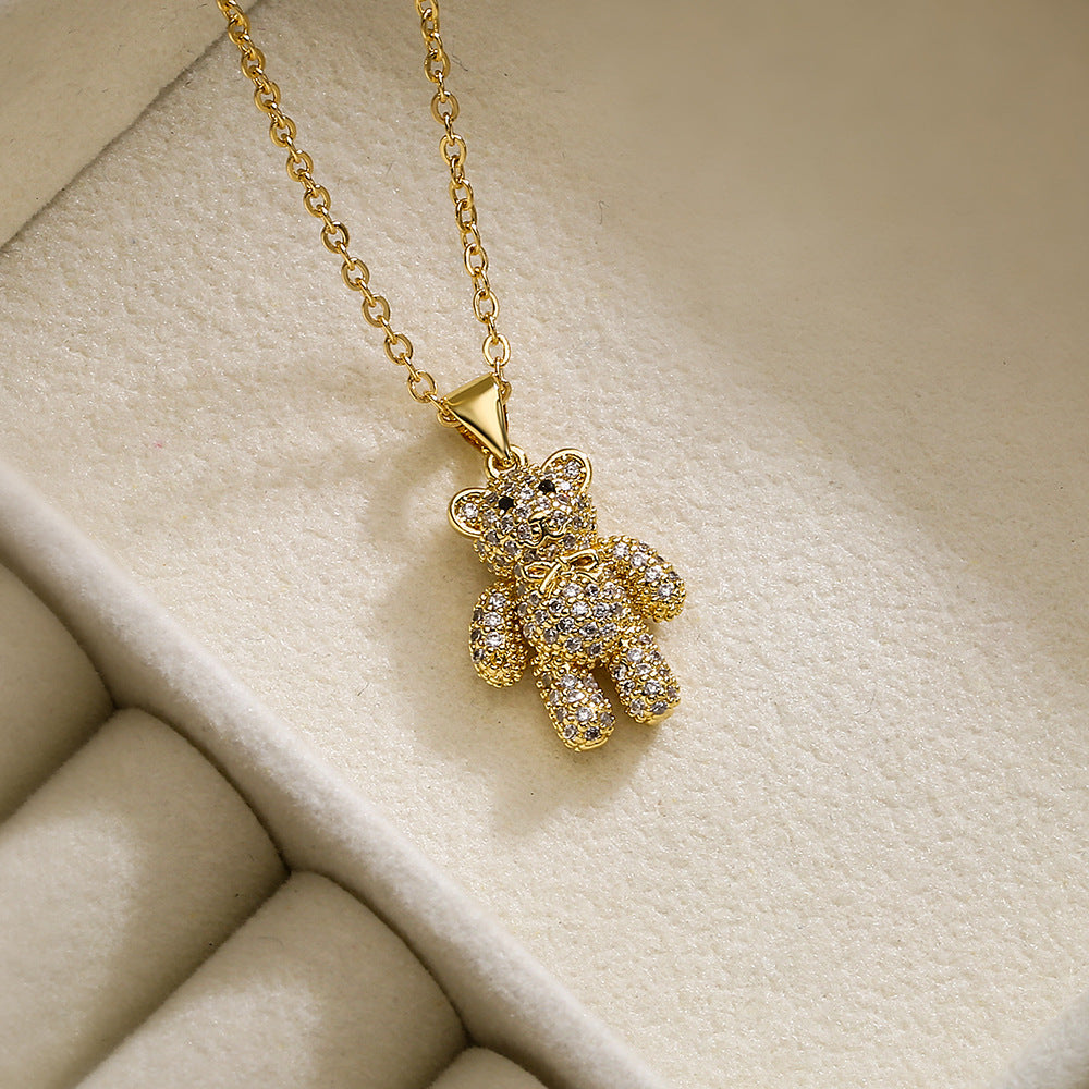 Minimalist Bear-Shaped Copper Pendant Necklace for Women with Cubic Zirconia Accents