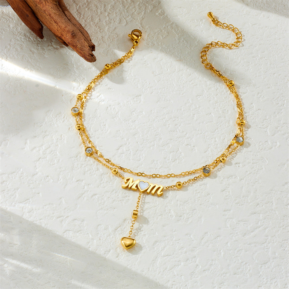 Elegant Gold Plated Stainless Steel Heart Letter Mom Rhinestone Tassel Anklet for Women