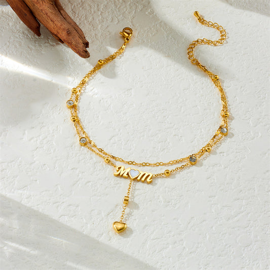 Elegant Gold Plated Stainless Steel Heart Letter Mom Rhinestone Tassel Anklet for Women