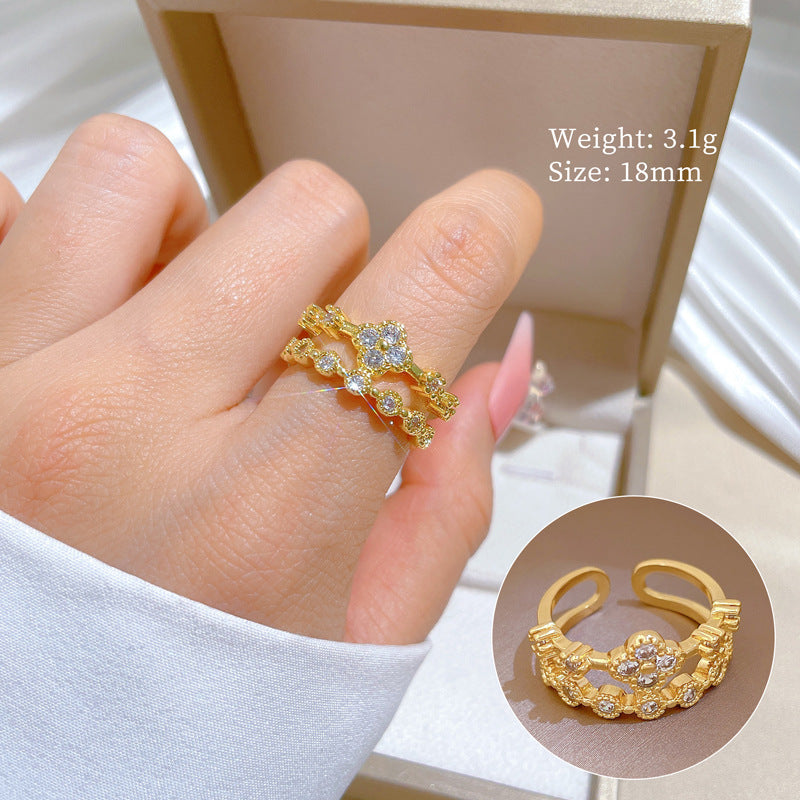 Sweet Minimalist Gold Plated Brass Clover Rhinestone Adjustable Ring for Women and Couples