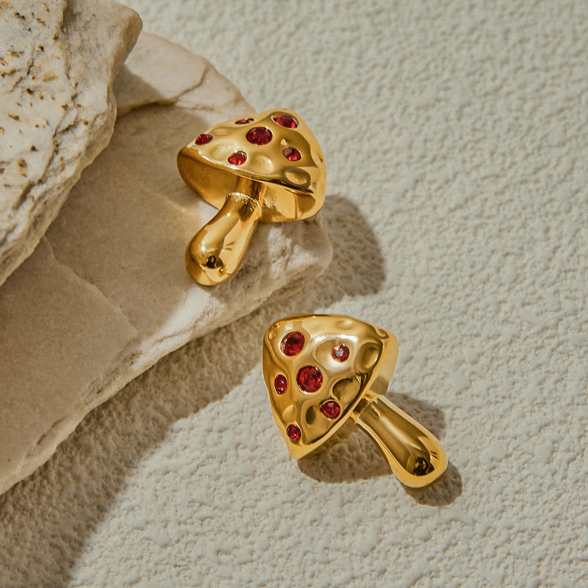 Luxury Elegant Geometric Mushroom Stud Earrings with Red Cubic Zirconia, Stainless Steel and Titanium Steel Post, 18K Gold Plated