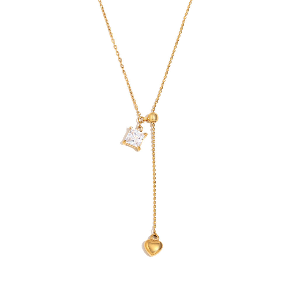 Minimalist Square Pendant Necklace with Stainless Steel Chain, 18K Gold Plated Titanium Steel Heart Charm, Zircon Inlay, and Fringe Detail for Women