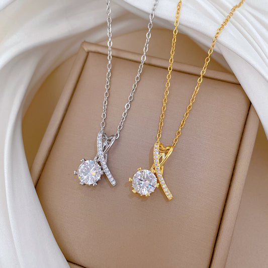 Collar de Lujo de Corazón Cruzado Geométrico con Circonitas para Mujer, Cadena de Serpiente de Acero Inoxidable con Motivo de Luna