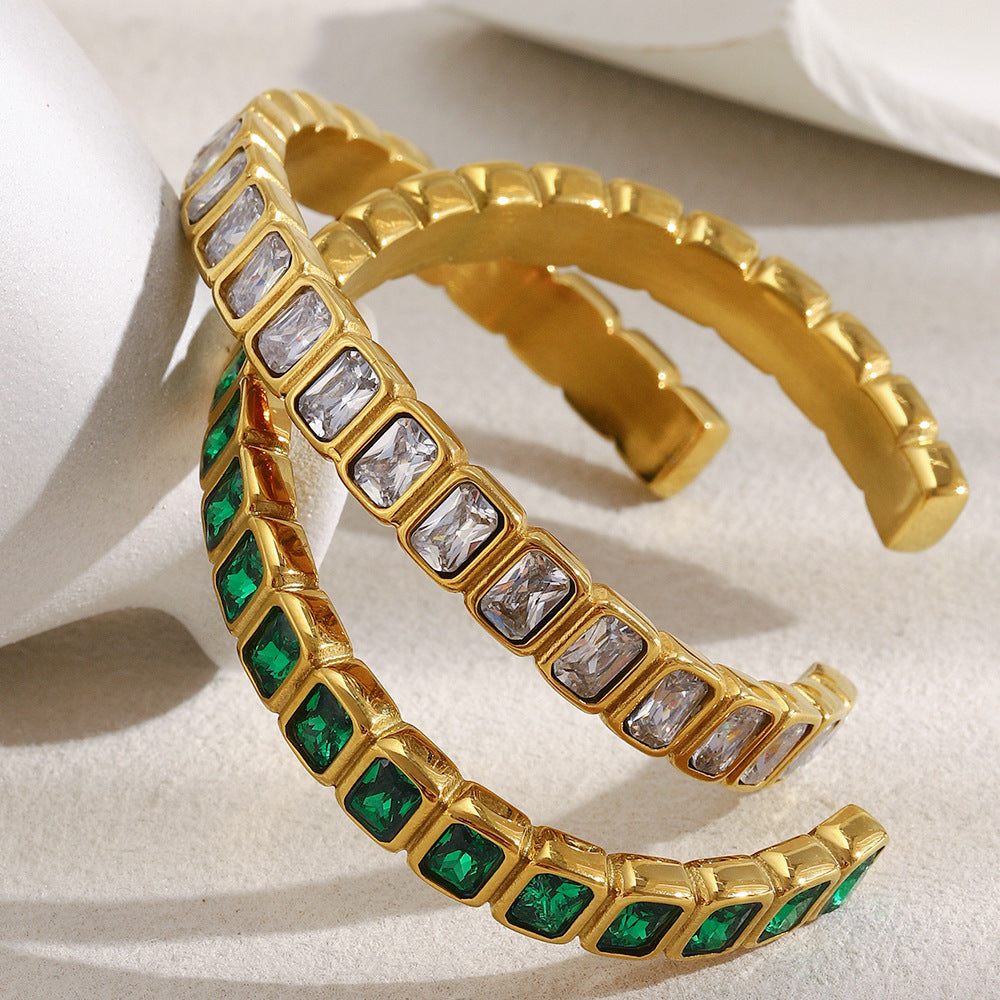 Minimalist Geometric Stainless Steel Bracelet with 18K Gold Plating and Full Zirconia Inlay for Women