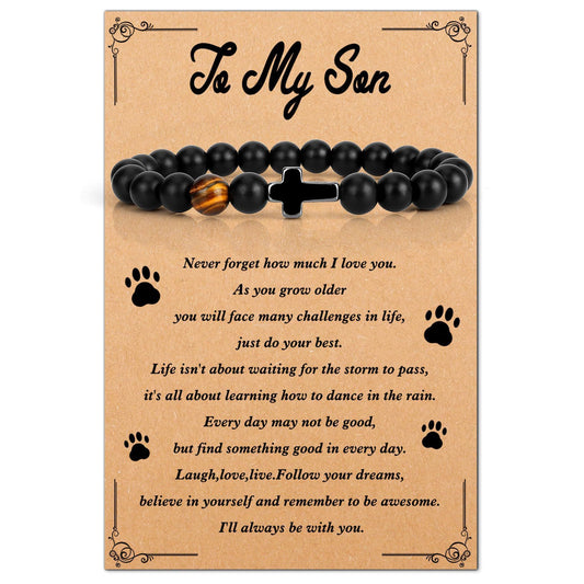 Matte Black Hematite Tiger Eye Cross Bracelet Adjustable Elastic Cord Unisex