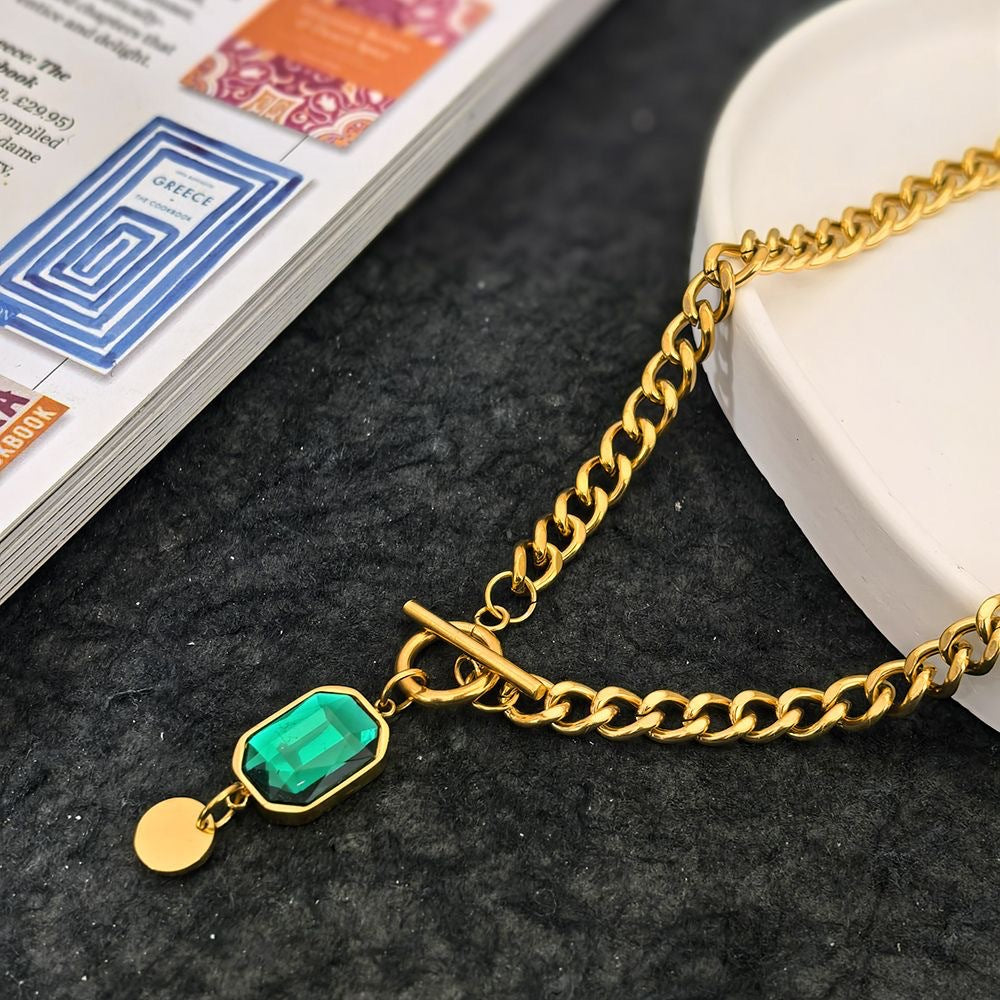 Irregular Geometric Square Emerald Cubic Zirconia Plated Titanium Steel Pendant Cuban Link Chain Necklace for Women