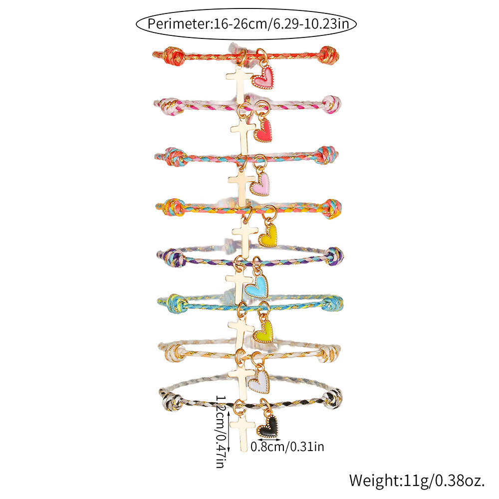 Rainbow Woven Heart Cross Drip Oil Alloy Bracelet for Women and Men