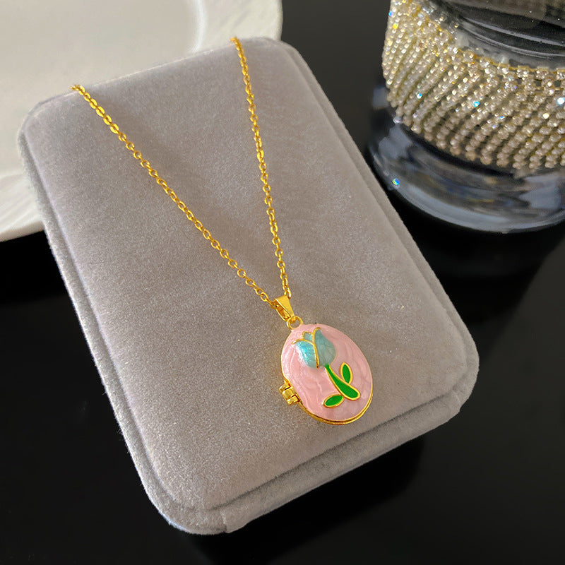 Vintage Drip Oil Floral Heart Oval Pendant Gold Plated Brass Necklace for Women