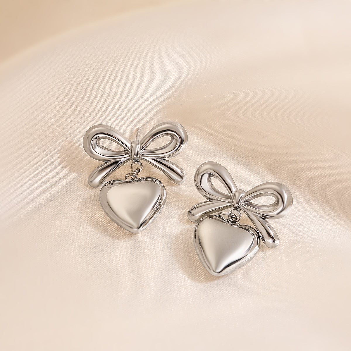 Minimalist Bow and Heart-Shaped Stainless Steel Earrings for Women