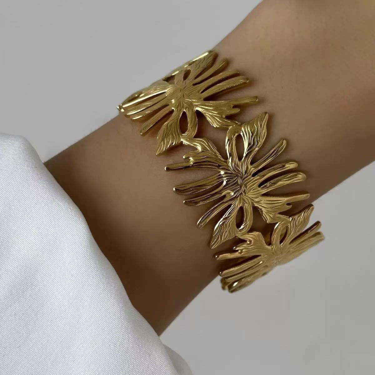 Fashion Geometric Textured Wave Pattern Plated Stainless Steel Wide Open Cuff Bracelet for Women