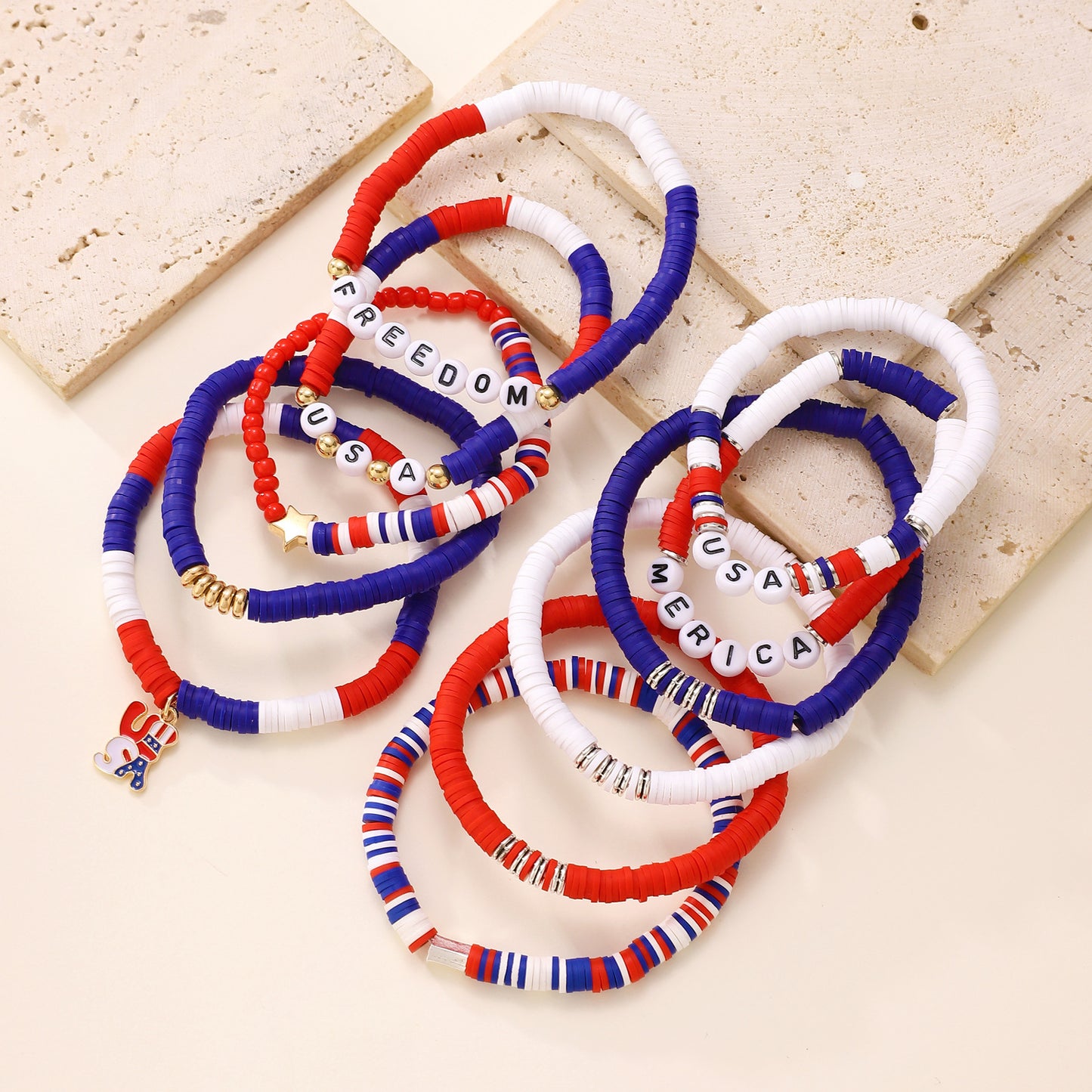 Patriotic Resin Beaded Bracelet Set with Heart Star Letter Charms and Rhinestone Accents