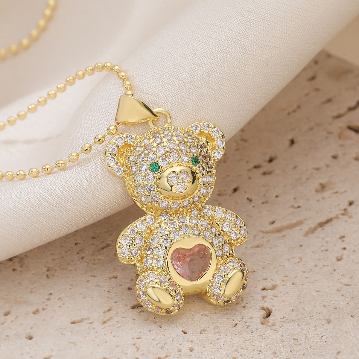 Minimalist 18K Gold Plated Brass Cubic Zirconia Bear Pendant Necklace for Women