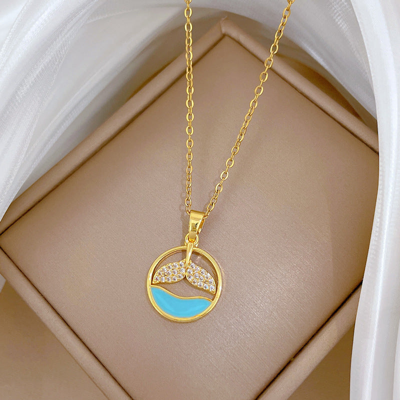 Sweet Minimalist Geometric Fish Tail Rhinestone Pendant Necklace Titanium Steel Cable Chain for Unisex