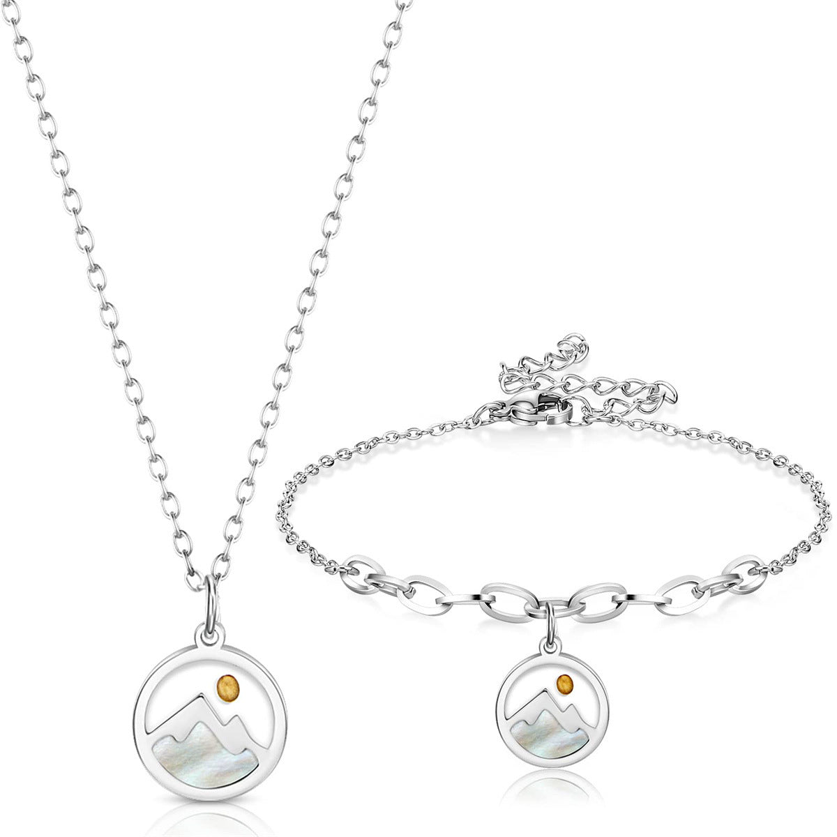 Conjunto de collar y pulsera redondos minimalistas naturales para mujer en acero inoxidable con dije de titanio pulido en cadena tipo O