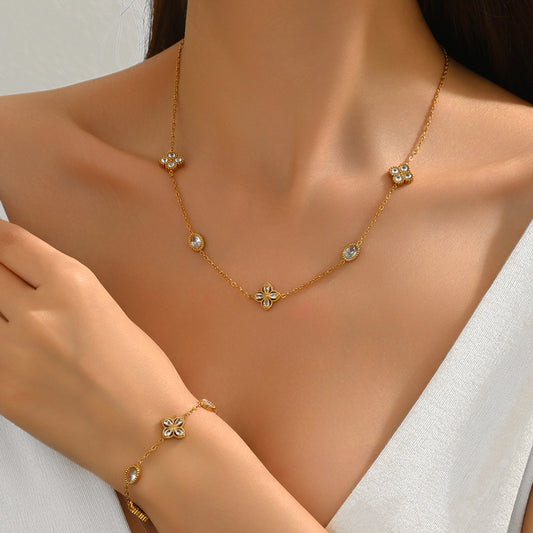 Juego de collar y pulsera minimalista y elegante de acero inoxidable chapado en oro de 18 quilates con circonitas de diseño geométrico redondo, cuadrado y floral para mujer