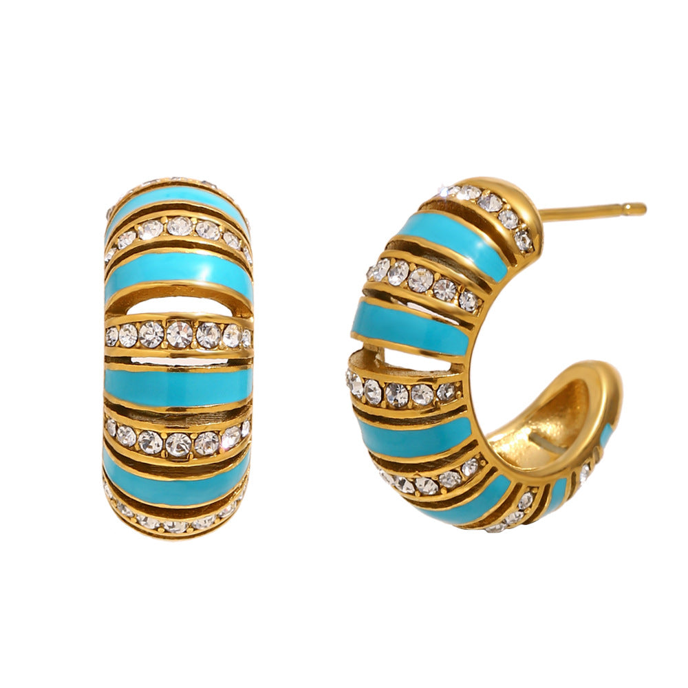 Minimalist Geometric Stainless Steel 18K Gold Plated Hollow C-Shaped Rhinestone Accent Enamel Drop Earrings for Women